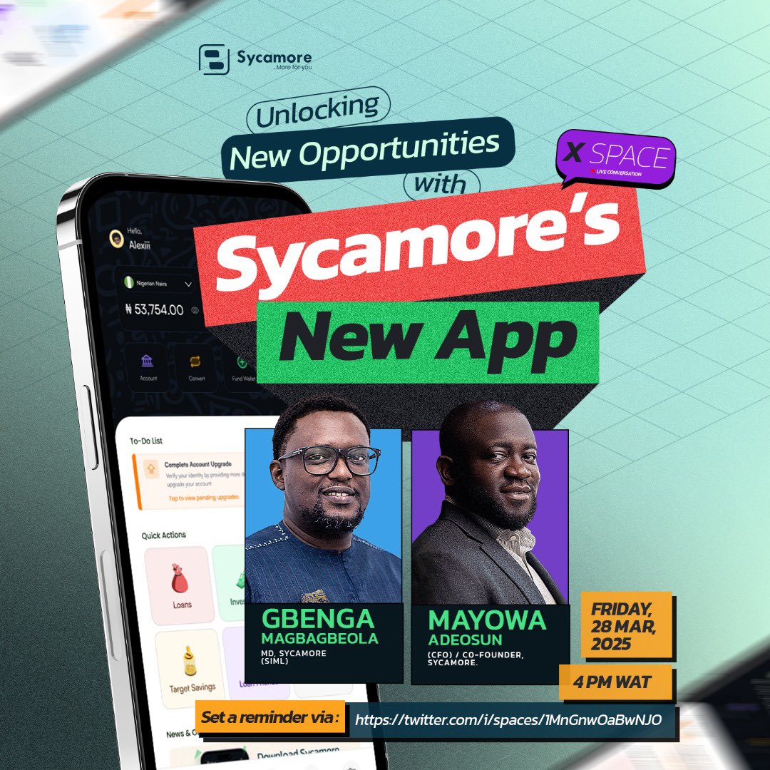 SycamoreNG's tweet photo. Join Gbenga Magbagbeola and Mayowa Adeosun as they explore the exciting new experience of Sycamoreβs latest app! πππ
https://t.co/7TkX5JJ1gS
π Date: Friday, March 28, 2025
β° Time: 4 PM WAT
Set your reminders!!!!
You wonβt want to miss this! πππ
#6yearsofmore #ANewEra #Sycamoreforyou