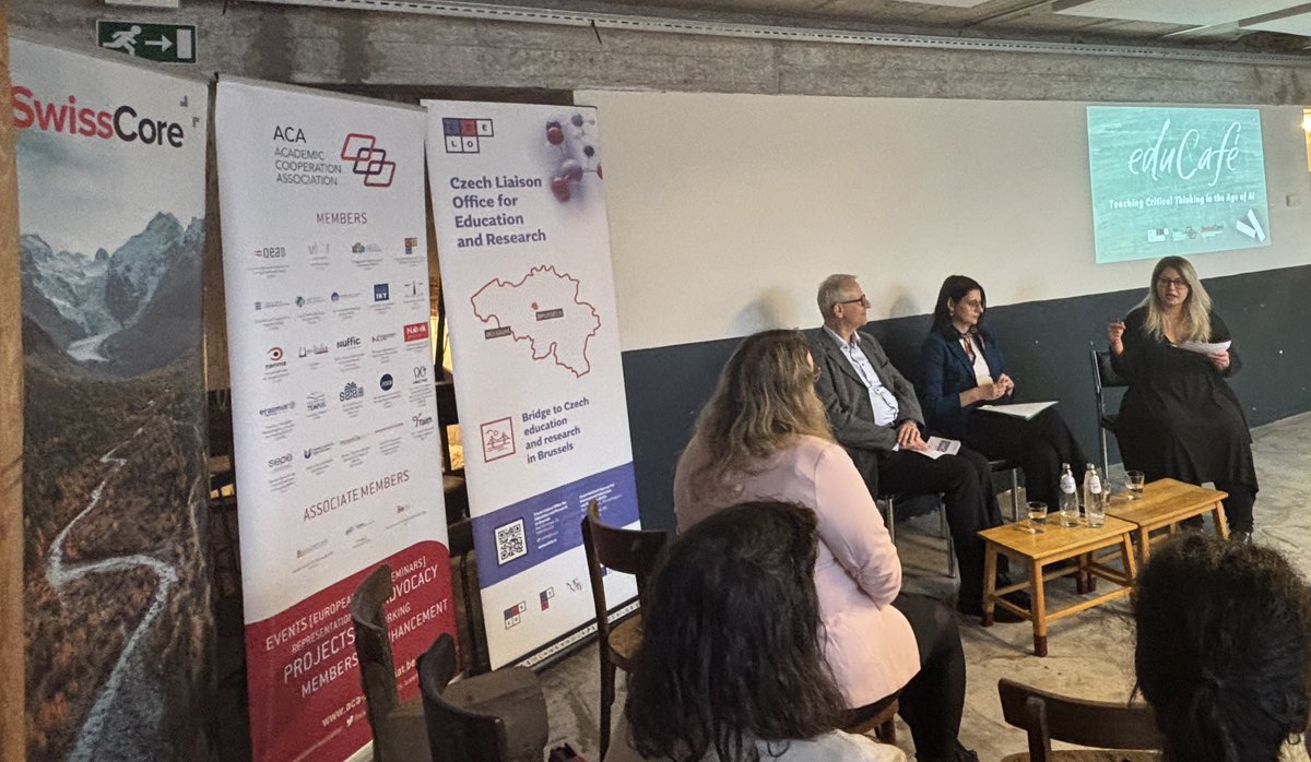 🤩 Teaching critical thinking in the age of AI - that is the topic of our EduCafe taking place now in Brussels! 

Discussing with Simona Petkova from <a href="/EU_Commission/">European Commission</a> and Edouard Lamboray from #Educa. Co-organized with our partners <a href="/ACASecretariat/">ACA - Academic Cooperation Association</a> and <a href="/SwissCore/">SwissCore</a>