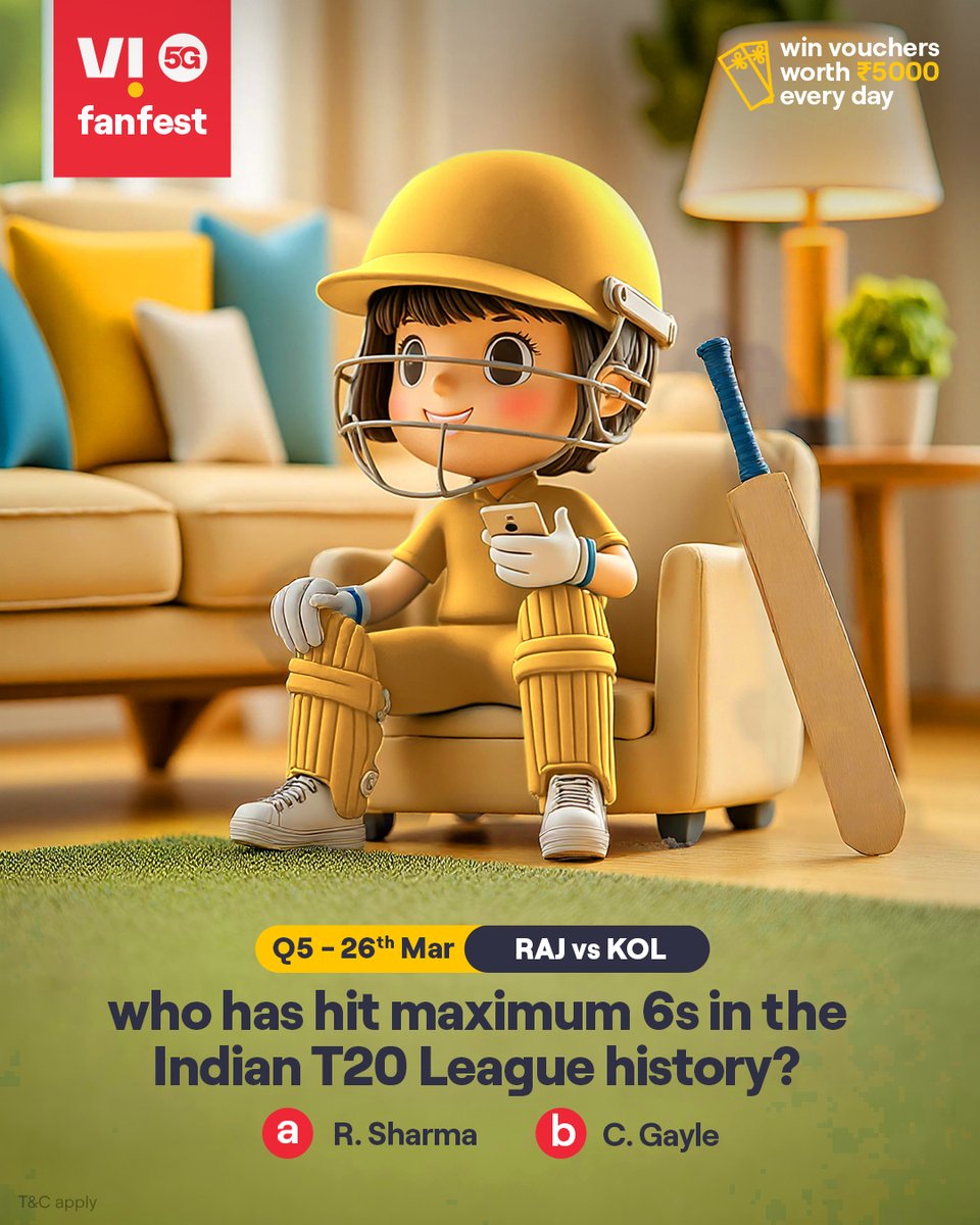 ViCustomerCare's tweet photo. Cricky is testing your cricket IQ 🏏💡
Comment #Vi5Gfanfest with the right answers to all 5 questions today and stand a chance to win vouchers worth ₹5,000 🎟️✨🏆
.
.
#ChallengeAlert #WinPrizes #Quiz #ParticipateAndWin #RAJvsKOL #Rajasthan #Kolkata https://t.co/9HGNwbO4Lh