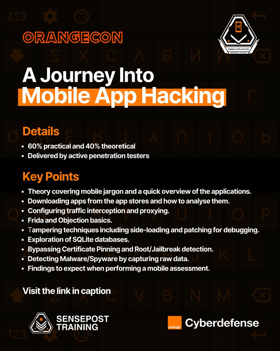 sensepost_train's tweet photo. Want to hack mobile apps? Join us at #OrangeCon for our hands-on course, A Journey into Mobile App Hacking.
Over two days, learn to assess and break iOS and Android apps with tools & skills used by professional hackers.
Enrol today: https://t.co/6iAB4Qdgni
#SensePost https://t.co/9GvkQPlUfA