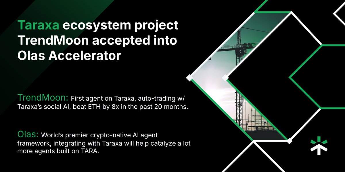 Taraxa is proud to have one of its brightest ecosystem projects, <a href="/0xTrendMoon/">TrendMoon</a>, accepted into the prestigious <a href="/autonolas/">Olas (formerly Autonolas)</a> Olas Accelerator. 

TrendMoon is the first AI agent deployed on Taraxa, leveraging its rich real time data set to identify early trading signals, beating ETH by