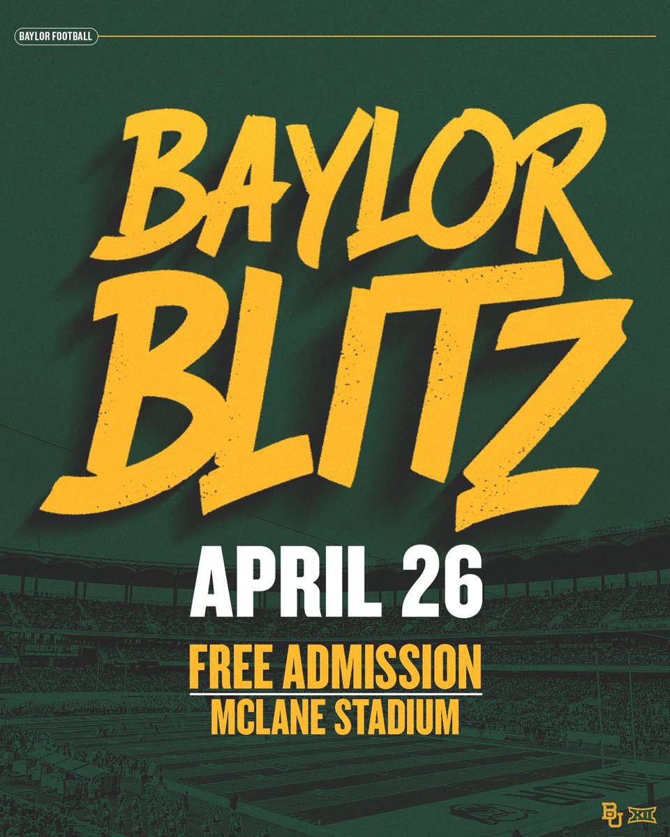 Baylor Athletics (@baylorathletics) on Twitter photo Introducing the Baylor Blitz on Saturday, April 26 - the fun begins at 10:30 a.m. at <a href="/McLaneStadium/">McLane Stadium</a>!
ποΈ Youth Skills Challenge
π <a href="/BUFootball/">Baylor Football</a> Open Practice
π Surplus Sale
Full info: baylorbea.rs/BaylorBlitz
#SicEm Introducing the Baylor Blitz on Saturday, April 26 - the fun begins at 10:30 a.m. at <a href="/McLaneStadium/">McLane Stadium</a>!
ποΈ Youth Skills Challenge
π <a href="/BUFootball/">Baylor Football</a> Open Practice
π Surplus Sale
Full info: baylorbea.rs/BaylorBlitz
#SicEm