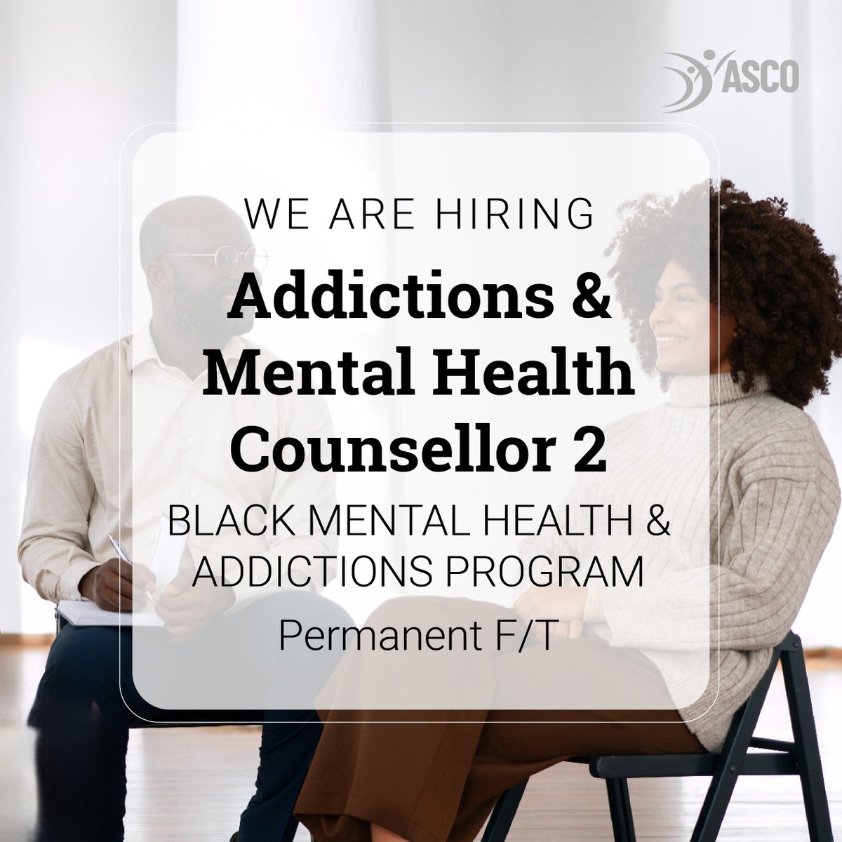 ASCO needs an Addictions &amp; Mental Health Counsellor for a new program focused on initiatives to support culturally sensitive care for Black families, youth &amp; children. You will use your own lived experience of Black racism to support our clients. To apply: bit.ly/ac2-bmha