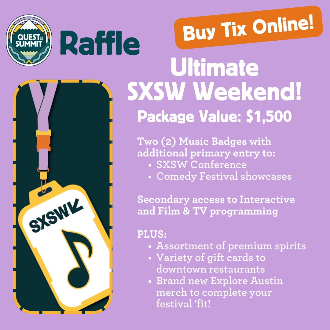 👋 BID &amp; BUY RAFFLE TIX HERE: ow.ly/wvR650VlWsZ
🔥 The Quest for the Summit Auction &amp; Raffle is heating up
⭐ Bid on dozens of curated packages - swipe to see a preview of items!
⭐ Raffle package - Ultimate SXSW Weekend, a $1,500 value! (And tickets are only $25 per!)