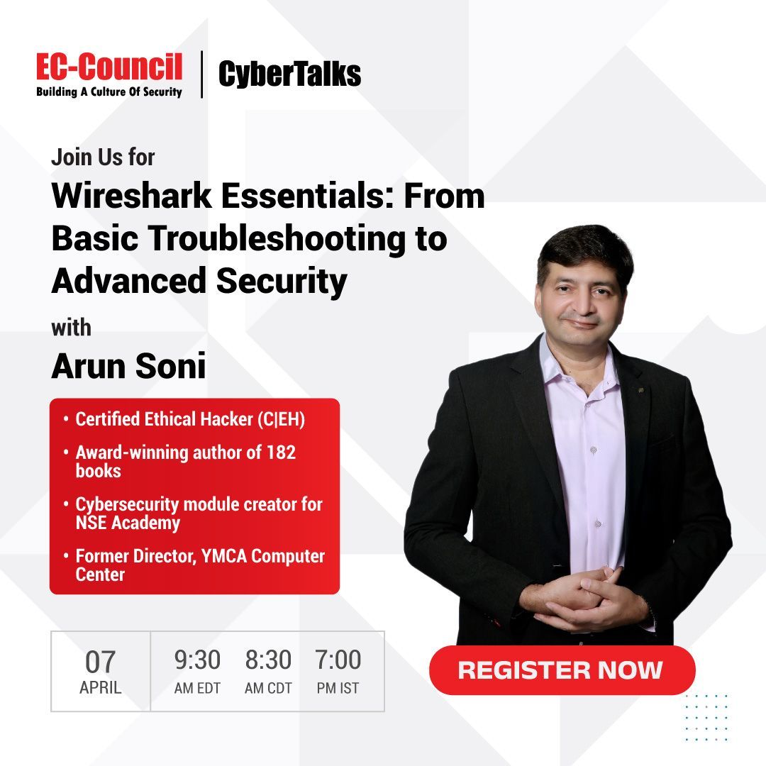 ECCOUNCIL's tweet image. Join Arun Soni on April 7 as he covers network troubleshooting with #Wireshark, discusses common #Vulnerabilities, and provides practical examples to help you monitor network traffic and detect malicious threats. Register now: buff.ly/KxuUkbb  

#ECCouncil #CyberAwareness