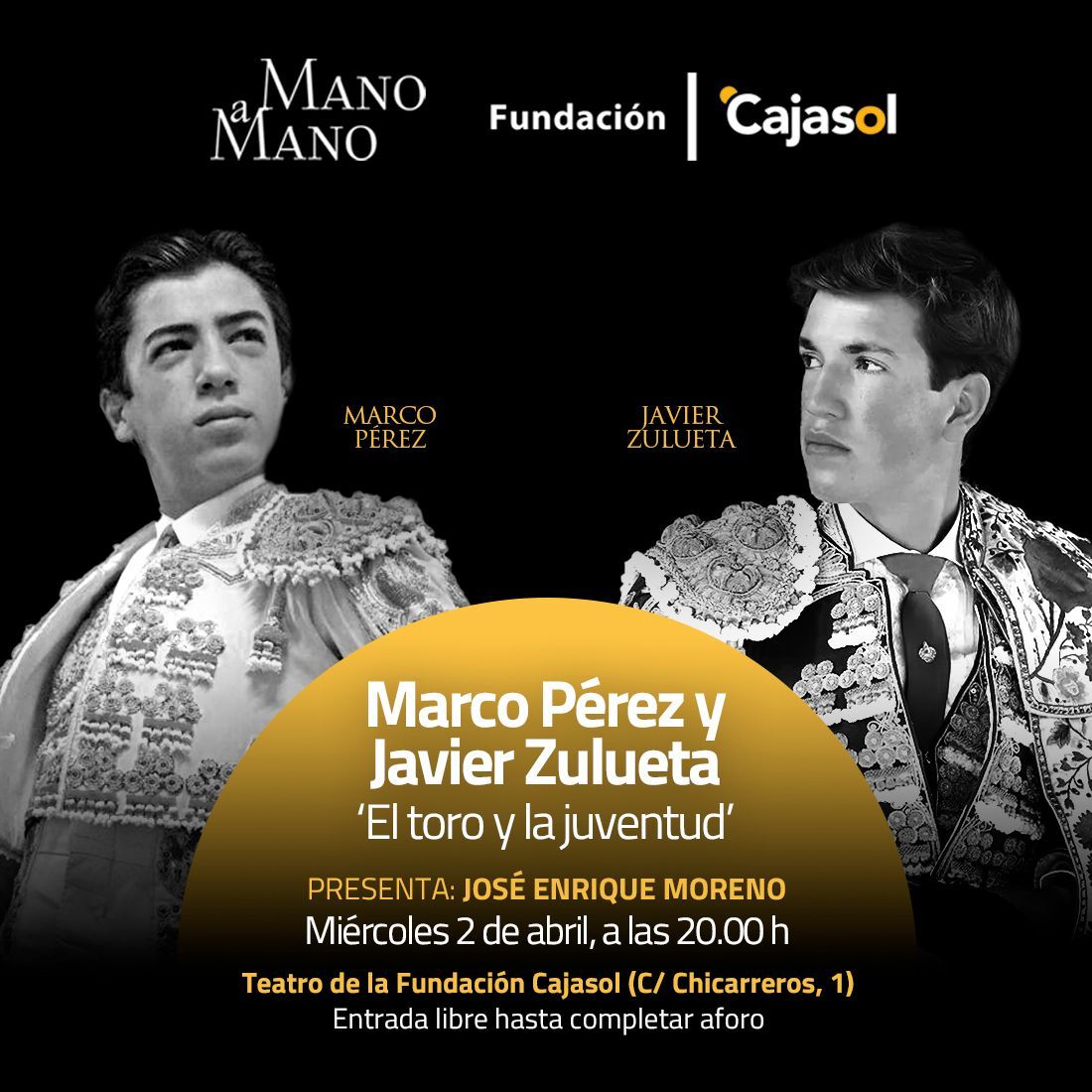 'El toro y la juventud' es el título del próximo Mano a mano de la Fundación Cajasol. Marco Pérez y <a href="/JavierZuluetaM/">Javier Zulueta Muñoz</a> hablarán sobre su presente y el futuro de la Fiesta. 

📅 2 de abril a las 20.00 en el Teatro Cajasol. Conduce <a href="/Toromedia12/">Toromedia</a>. 
🔖 Entrada libre hasta completar aforo