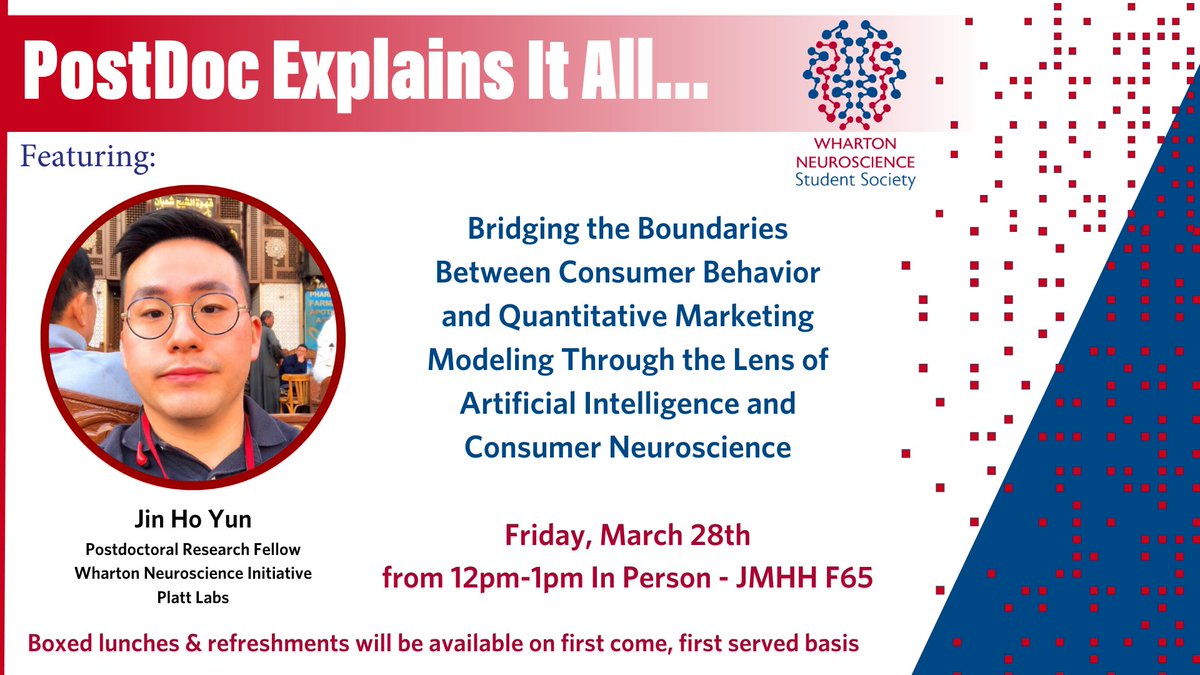 Who doesn't want a PostDoc to Explain It All?! This Friday 3/28 at noon we have #WhartonBrain's Jin Ho Yun talking about #ConsumerBehavior, #AI, #Neuroscience, #Marketing &amp; More! You won't want to miss it. Register Here: whr.tn/PostDocExplain…