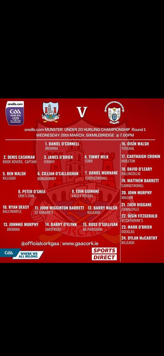 Best of luck to Mark O Brien and the Cork U20 hurlers v Clare tonight in the Munster championship🔴⚪️
