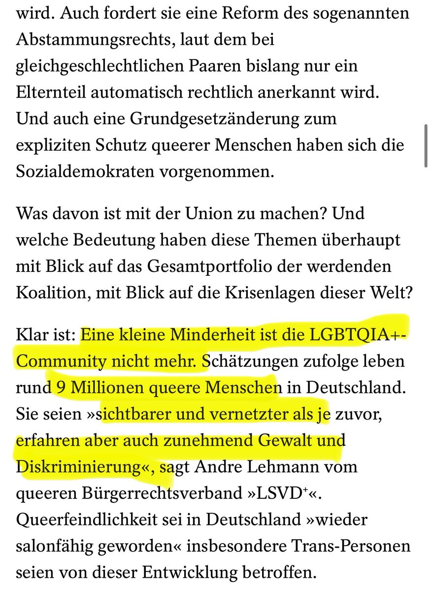🏳️‍🌈 Was queere Menschen in 🇩🇪 jetzt von <a href="/_FriedrichMerz/">Friedrich Merz</a> und <a href="/larsklingbeil/">Lars Klingbeil 🇪🇺</a> erwarten. 
Dazu haben Falko #Droßmann von der #SPD, <a href="/mister_lhmnn/">Andre Lehmann</a> vom <a href="/lsvd/">LSVD⁺-Bundesverband</a> und ich mit <a href="/LuanaPartimo/">Luana</a> vom SPIEGEL gesprochen:
„Zuversichtlich zeigt sich Frank #Sarfeld, Kuratoriumsmitglied der
