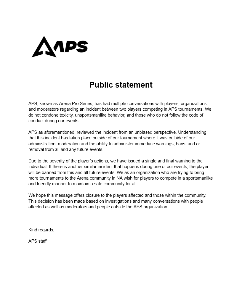 ArenaProSeries's tweet image. Public statement regarding recent events: