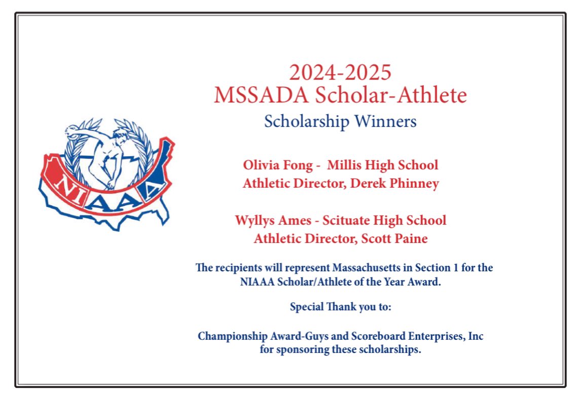 MSSADA (@mssada9) on Twitter photo Congrats to our Scholar-Athlete Scholarship winners! Thank you to <a href="/awardguys/">Championship Award-Guys</a> and <a href="/Scoreboard_Ent/">Scorebrd Enterprises</a> for sponsoring the scholarships! <a href="/MillisAthletics/">Millis Athletics</a> <a href="/ScitAthletics/">SHS Athletics</a> Congrats to our Scholar-Athlete Scholarship winners! Thank you to <a href="/awardguys/">Championship Award-Guys</a> and <a href="/Scoreboard_Ent/">Scorebrd Enterprises</a> for sponsoring the scholarships! <a href="/MillisAthletics/">Millis Athletics</a> <a href="/ScitAthletics/">SHS Athletics</a>