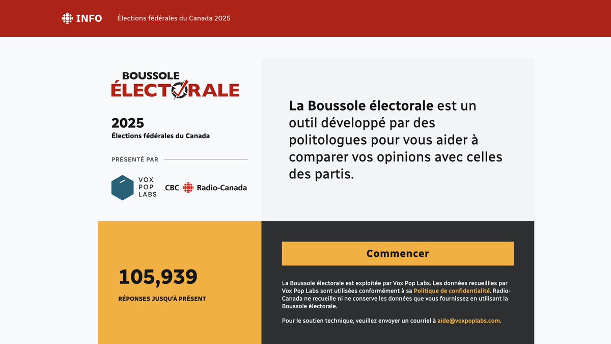 Nous sommes de retour, Canada! 🇨🇦

L’édition #Élection2025 de la <a href="/Boussole/">Boussole électorale</a> est arrivée — découvrez comment vos opinions s’alignent avec les plateformes des partis. 🗳️

Pour une 5ᵉ élection fédérale, en partenariat avec <a href="/iciradiocanada/">Radio-Canada</a>.

👉 boussole.radio-canada.ca
#polcan