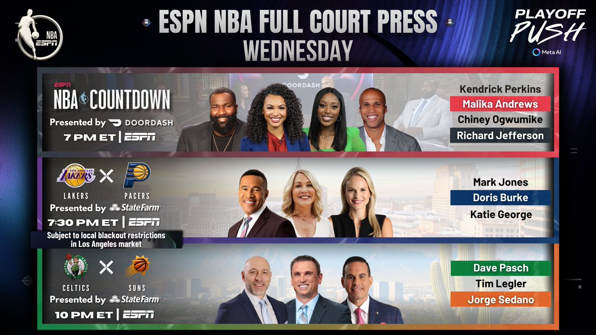 ESPN PR (@espnpr) on Twitter photo Wednesday, <a href="/ESPNNBA/">NBA on ESPN</a> presents an ESPN doubleheader as the playoff race intensifies
π 7p ET | NBA Countdown
π 7:30p ET | #LakeShow vs #YesCers
π 10p ET | #DifferentHere vs #SunsUp Wednesday, <a href="/ESPNNBA/">NBA on ESPN</a> presents an ESPN doubleheader as the playoff race intensifies
π 7p ET | NBA Countdown
π 7:30p ET | #LakeShow vs #YesCers
π 10p ET | #DifferentHere vs #SunsUp