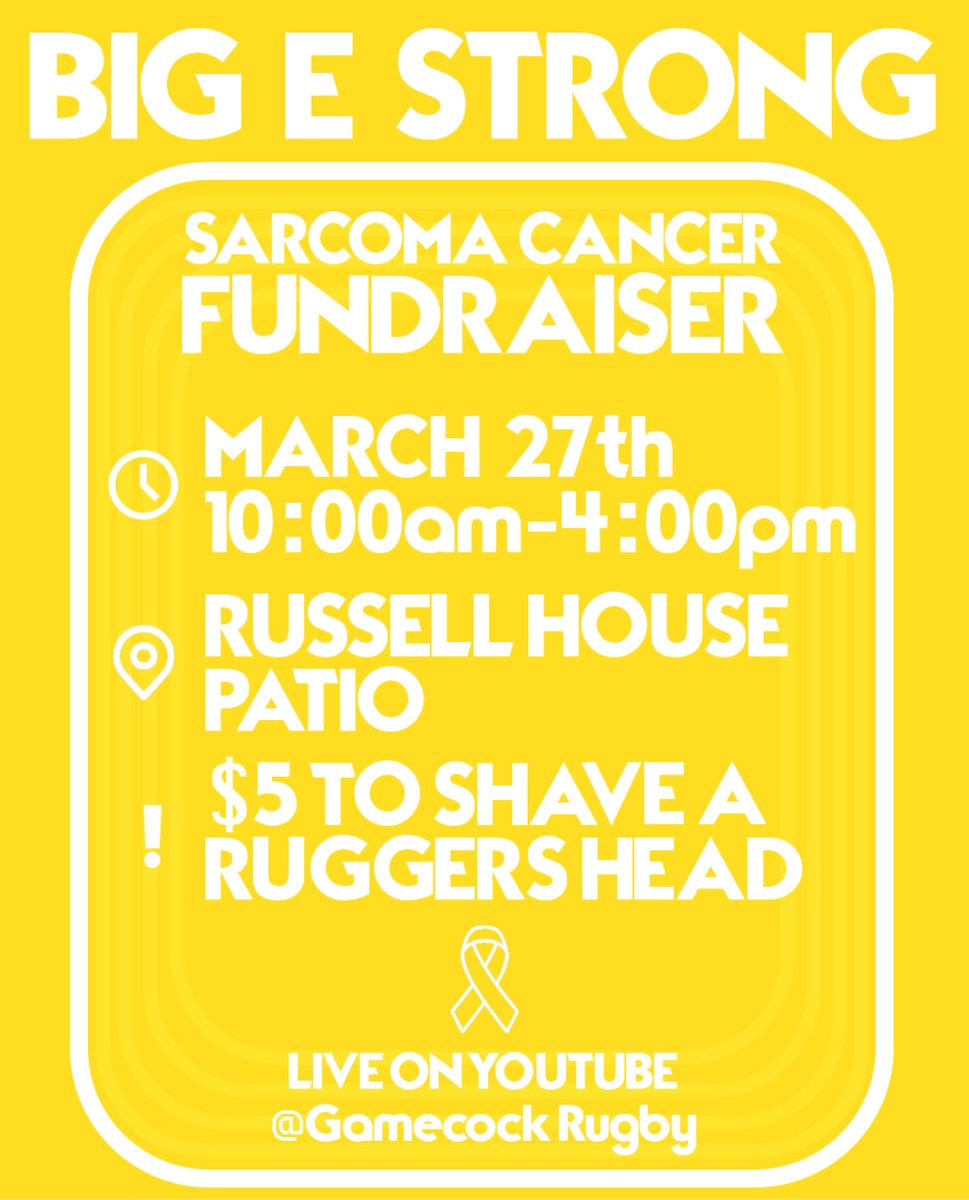 CockRugby's tweet image. We will be hosting another live stream tomorrow, 3/27, to support Big E in his battle against Sarcoma.

Tune in to the Gamecock Rugby YouTube Channel to donate, shave a rugger's head, and listen to some Q&amp;amp;As!

The GoFundMe can be found in the link in our bio.

#BigEStrong