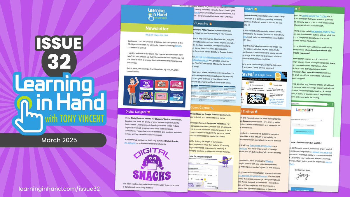 Ok, this might be the best issue of the Learning in Hand Newsletter ever!

learninginhand.com/issue32

🧠 Digital brain breaks
🤪 Funny rubric makeover
📏 Google Forms response length
👀 Google Slides Tile Reveal template
🎲 Random reflection questions
💁 Let Me GPT