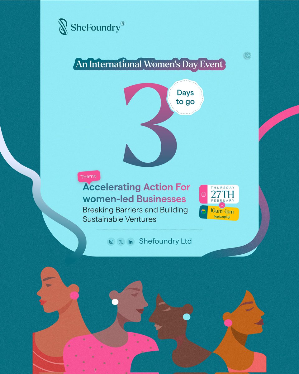 🔊🔊🔊

3 Days To Go🔥🔥🔥

Mark your Calendar! IWD with SheFoundry📌

🗓️29th March, 2025.

🕰️10am

📍Google Meet

Yet to register? Click on this link to secure your spot: bit.ly/IWDWITHSHEFOUN…

#IWD #Shefoundry #IWDWithSheFoundry #Virtual #Events #Women #WomenEntrepreneurs