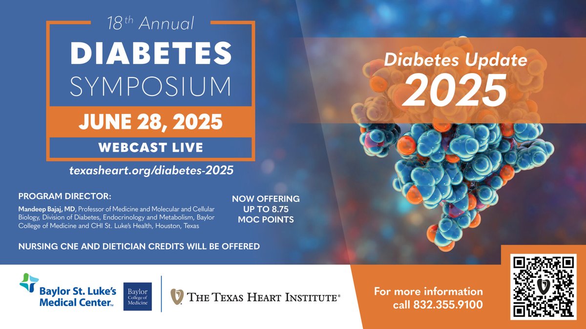 🚨 LIVE WEBCAST: 18th Annual #Diabetes Symposium 🚨

Join top experts on June 28, 2025, for the latest in diabetes care—#GLP-1s, #SGLT-2s, #heartfailure, #insulin tech &amp; more!

🔗 Register now: texasheart.org/education/cont…

 #endotwitter #medtwitter