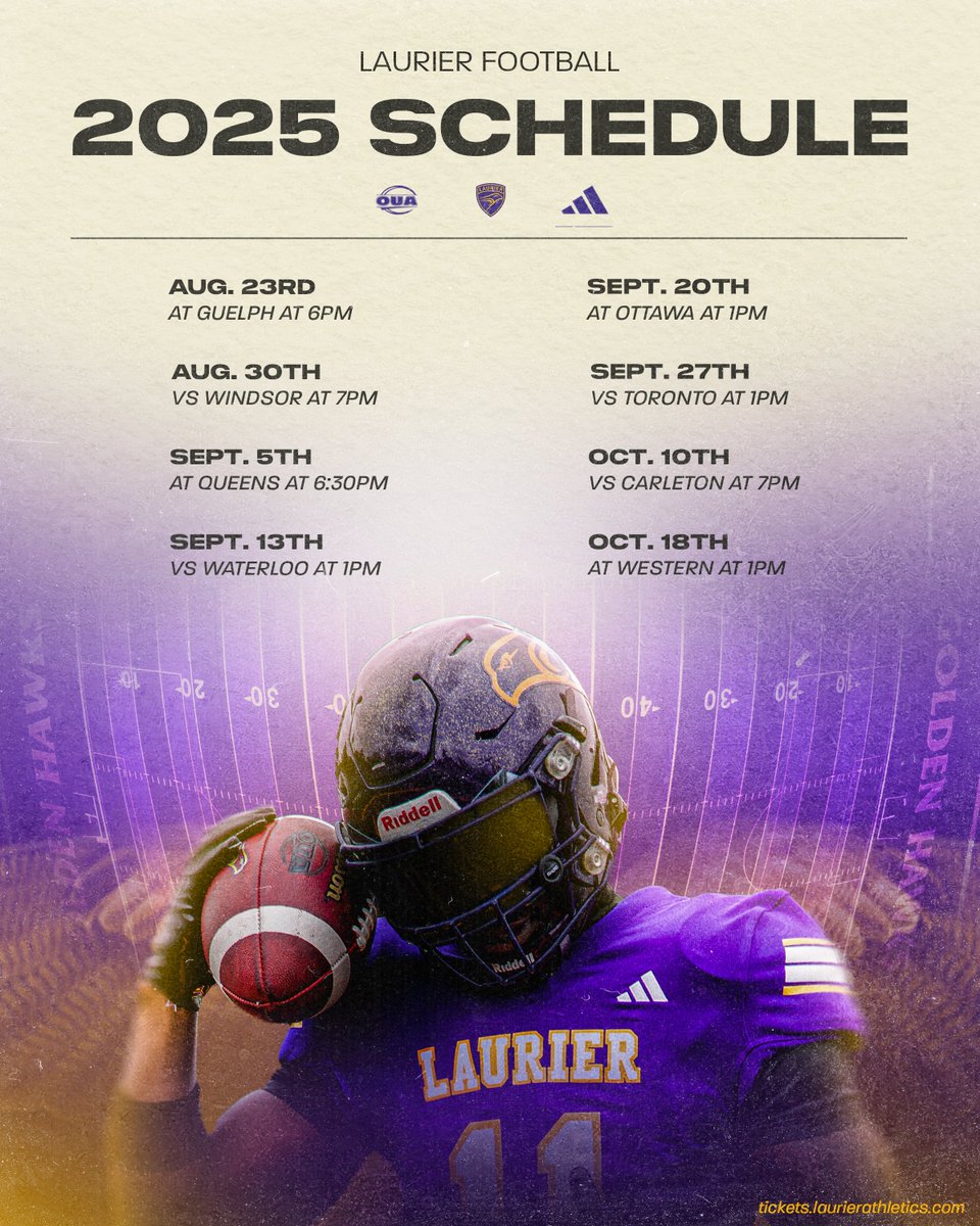Laurier Golden Hawks (@wluathletics) on Twitter photo The defending <a href="/OUAsport/">Ontario University Athletics</a> Yates Cup champions <a href="/LaurierFootball/">Laurier Golden Hawks Football</a> will visit the <a href="/guelph_gryphons/">Guelph Gryphons</a> on August 23 to kick-off its 2025 season! 🗓️🏈
The Golden Hawks' home opener is slated for Labour Day weekend (Aug. 30) against the <a href="/WindsorLancers/">Windsor Lancers</a>
📰 tinyurl.com/28d4wke4 The defending <a href="/OUAsport/">Ontario University Athletics</a> Yates Cup champions <a href="/LaurierFootball/">Laurier Golden Hawks Football</a> will visit the <a href="/guelph_gryphons/">Guelph Gryphons</a> on August 23 to kick-off its 2025 season! 🗓️🏈
The Golden Hawks' home opener is slated for Labour Day weekend (Aug. 30) against the <a href="/WindsorLancers/">Windsor Lancers</a>
📰 tinyurl.com/28d4wke4
