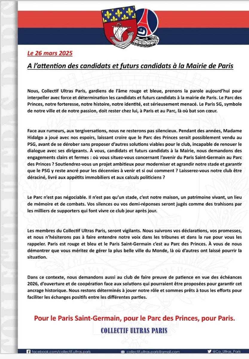 ActuFoot_'s tweet image. « 𝗟𝗘 𝗣𝗦𝗚 𝗖’𝗘𝗦𝗧 𝗔𝗨 𝗣𝗔𝗥𝗖 𝗗𝗘𝗦 𝗣𝗥𝗜𝗡𝗖𝗘𝗦 ! » 🗼🔴🔵

Le communiqué du CUP à l’attention des candidats et futurs candidats à la Mairie de Paris.

📸 @Co_Ultras_Paris
