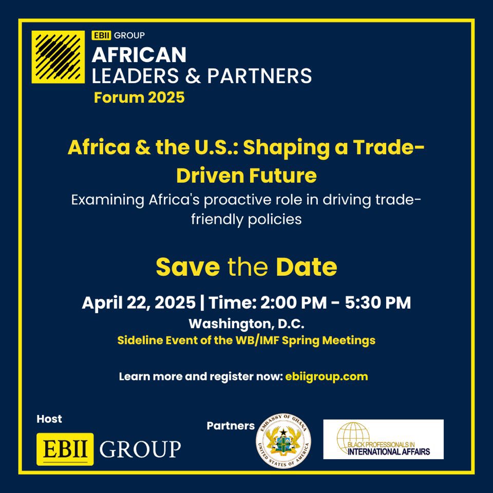 Black Professionals in International Affairs-BPIA (@bpiatweets) on Twitter photo We are excited to partner on the African Leaders and Partners Forum 2025, hosted by <a href="/GroupEbii/">EBII Group</a>. This event brings together diplomats, U.S. officials, and business leaders to discuss the future of trade and investment between Africa and the U.S. RSVP here: bit.ly/4iIlcq3. We are excited to partner on the African Leaders and Partners Forum 2025, hosted by <a href="/GroupEbii/">EBII Group</a>. This event brings together diplomats, U.S. officials, and business leaders to discuss the future of trade and investment between Africa and the U.S. RSVP here: bit.ly/4iIlcq3.