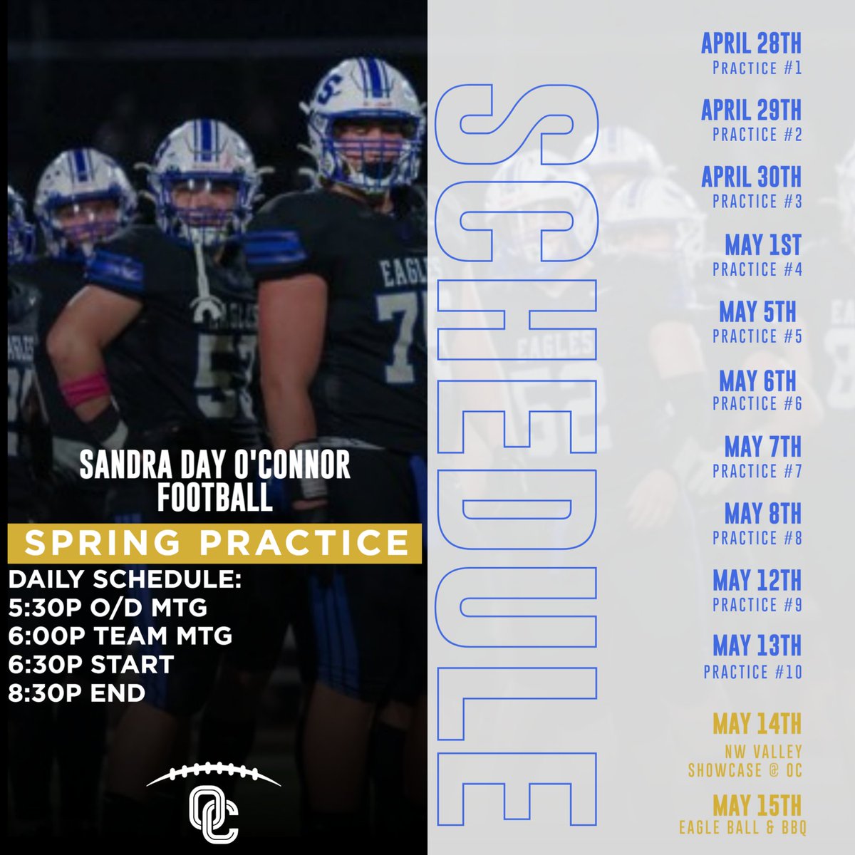 OC SPRING FOOTBALL SCHEDULE 👇

Practices are open to CFB Coaches and local media. Please reach out to HC <a href="/bkullos/">Coach Ben Kullos</a> with inquiries!

#MTC🏔️ #SOAR🦅