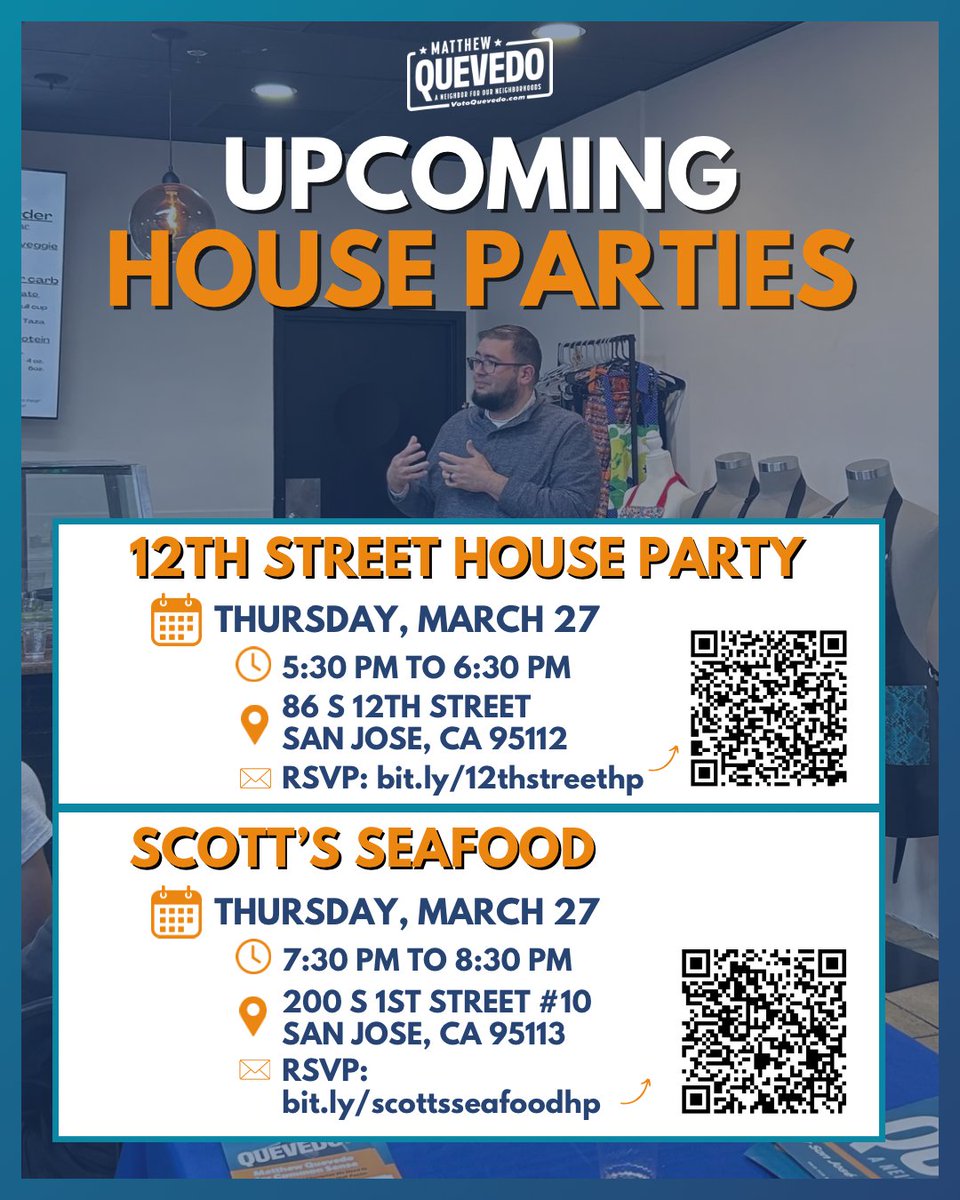 This Thursday, we’re hosting not one, but two house parties! Join us at 12th Street or Scott’s Seafood (or both) to discuss the issues that matter most to you and my vision for the final stretch before Election Day. Hope to see you there!
