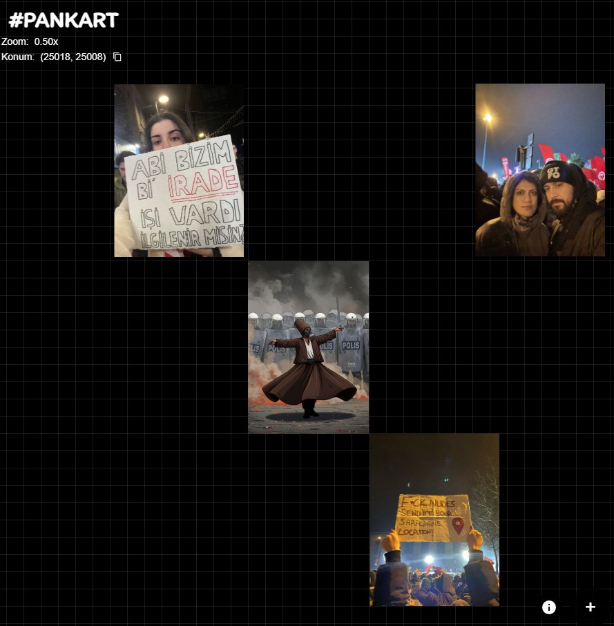 Reddit Place ve boykot.web.tr'den esinlenerek pankart.biz platformunu yaptım. Yıl boyunca pankartlarınızı, fotoğraflarınızı, anılarınızı, sanatınızı ve mizahınızı paylaşabilirsiniz!