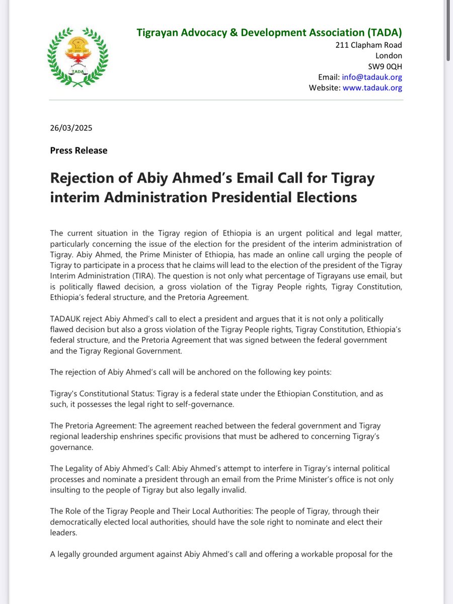 Justice4Tigray➡️‼️ፍትሒ-ንትግራይ ‼️ (@justice4_tigray) on Twitter photo Abiy Ahmed's email calling for the election of the #Tigray president is politically inappropriate & violates Tigray's constitutional rights, the #PretoriaAgreement, & Ethiopia's democratic principles.
<a href="/_AfricanUnion/">African Union</a> <a href="/ymahmoudali/">Mahmoud Ali youssouf</a>
<a href="/UNGeneva/">United Nations Geneva</a> <a href="/UN_HRC/">UN Human Rights Council</a> <a href="/UN/">United Nations</a>
tadauk.org/wp-content/upl… Abiy Ahmed's email calling for the election of the #Tigray president is politically inappropriate & violates Tigray's constitutional rights, the #PretoriaAgreement, & Ethiopia's democratic principles.
<a href="/_AfricanUnion/">African Union</a> <a href="/ymahmoudali/">Mahmoud Ali youssouf</a>
<a href="/UNGeneva/">United Nations Geneva</a> <a href="/UN_HRC/">UN Human Rights Council</a> <a href="/UN/">United Nations</a>
tadauk.org/wp-content/upl…