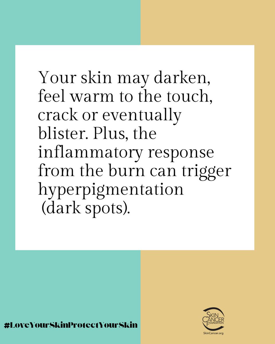While skin of color may not show the visible redness of a burn, it does, in fact, burn in the sun. Your skin may darken, feel warm to the touch, crack or eventually blister. Learn more: SkinCancer.org/skinofcolor 
#LoveYourSkinProtectYourSkin
