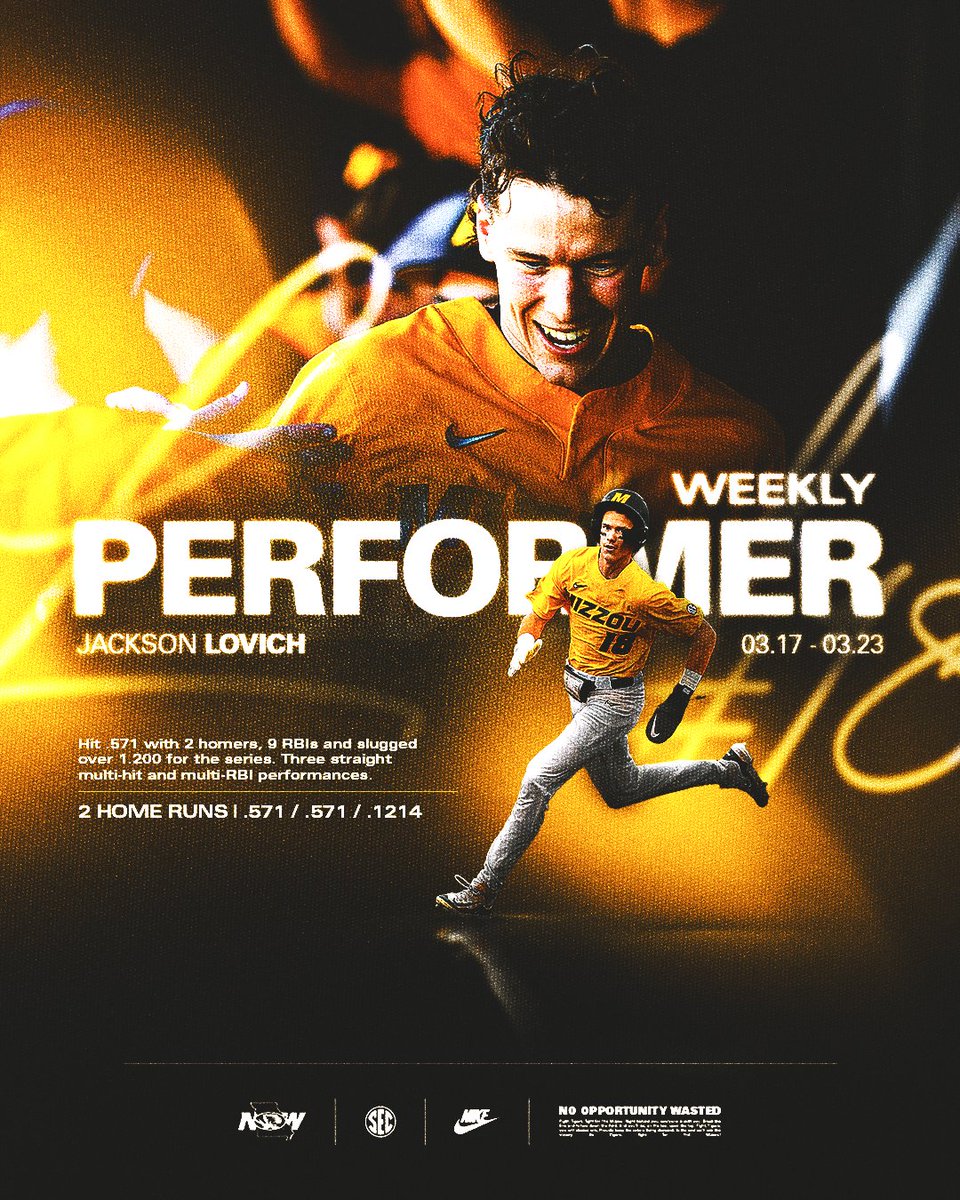 𝗝𝗮𝗰𝗸𝘀𝗼𝗻 𝗟𝗼𝘃𝗶𝗰𝗵 has been red-hot🔥for the Tigers, hitting .571 with 2⃣ homers and 9⃣ RBIs last weekend vs. Ole Miss to earn our top performer of the week honor.

#𝙈𝙞𝙯𝙯𝙤𝙪𝙉𝙊𝙒 | 🐯⚾️