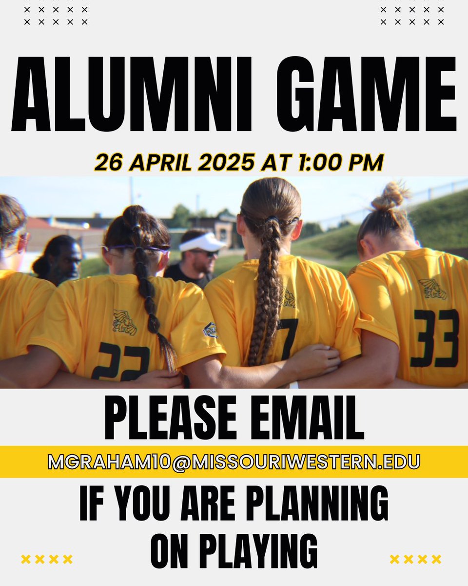 🚨CALLING ALL GRIFFON ALUM🚨
Alumni Game April 26th at 1pm!! 
Please email mgraham10@missouriwestern.edu ⚽️