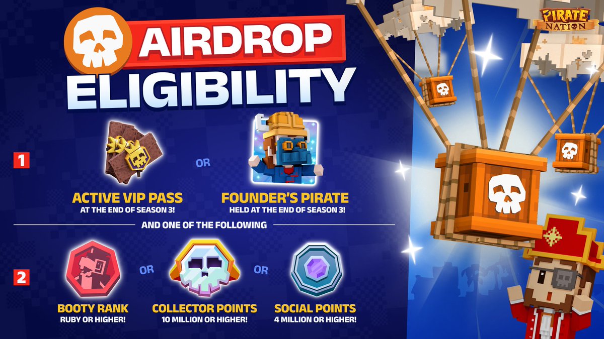 To receive Season rewards you MUST have an active VIP Pass OR hold a Founder's Pirate — AND have achieved one of the following:

➜ Ruby rank in BOOTY or higher

➜ 10 million+ Collector Points

➜ 4 million+ Social Points