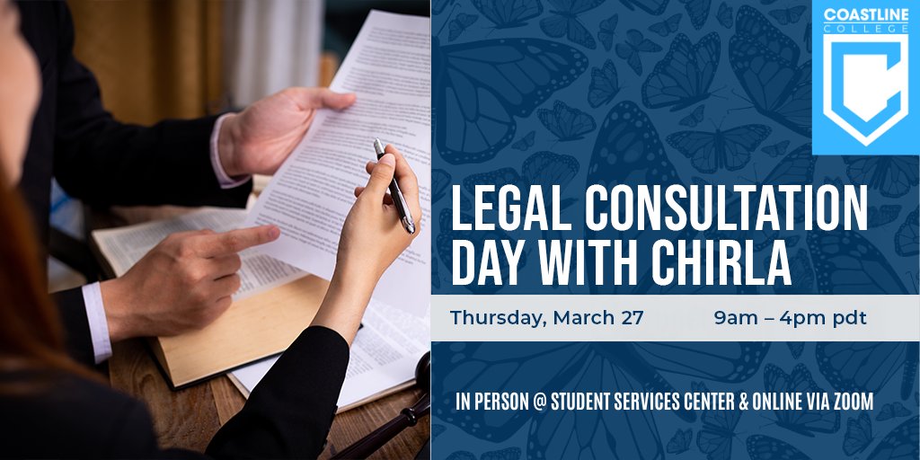 Sign up for a free legal consultation during our designated "Legal Consultation Day" with CHIRLA, Coastline College's legal service provider. Get professional answers to your legal questions about immigration and more!

Thursday, March 27th at 9 am PST
coastline.edu/student-life/s…