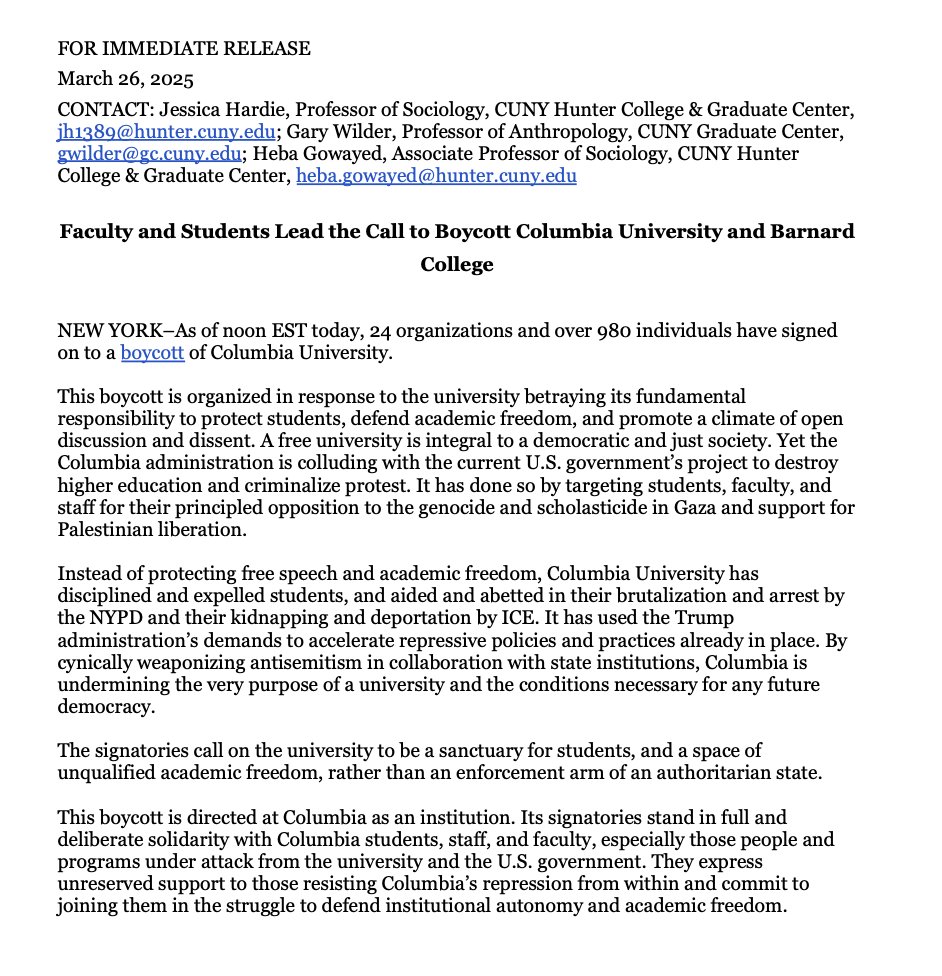 Nearly 1000 teachers, academics, more are mounting an academic boycott of Columbia.

Columbia "is colluding with the current U.S. government's project to destroy higher education and criminalize protest," they say.

Signers include Noura Erakat, Marc Lamont Hill, Ruha Benjamin.