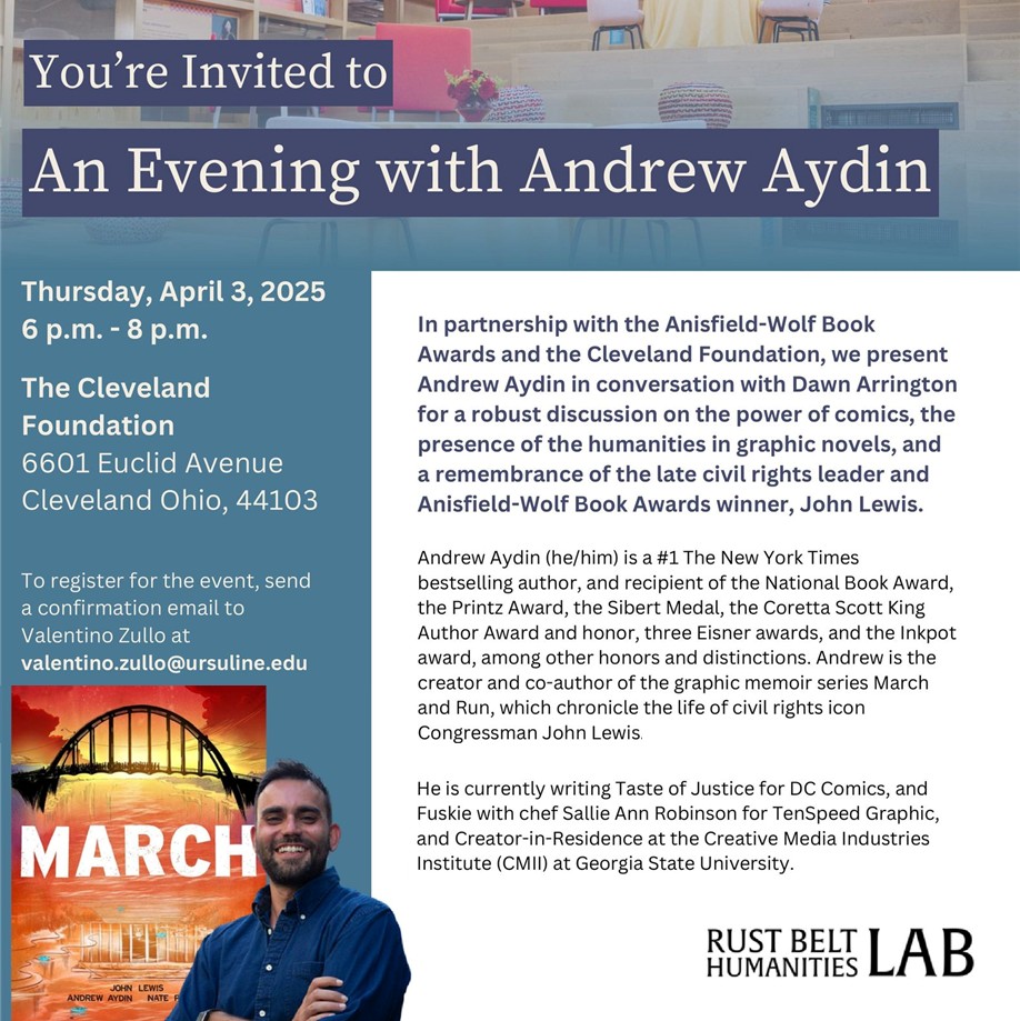 Ohio Humanities (@ohiohumanities) on Twitter photo Join our friends at the <a href="/RustBeltLab/">The Rust Belt Humanities Lab</a> for a conversation with National Book Award Winner Andrew Aydin on the power of comics and the role of the humanities in graphic novels on Thursday, April 3 at 6:00pm at the Cleveland Foundation! Join our friends at the <a href="/RustBeltLab/">The Rust Belt Humanities Lab</a> for a conversation with National Book Award Winner Andrew Aydin on the power of comics and the role of the humanities in graphic novels on Thursday, April 3 at 6:00pm at the Cleveland Foundation!