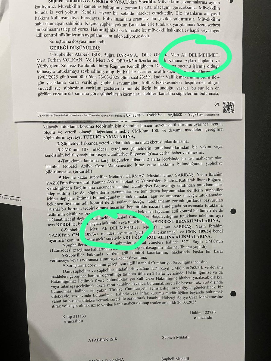 Aynı kişi, aynı mahkeme, aynı dosya, aynı suçlama.
Bir tarafta “TUTUKLANSIN”, diğer tarafta “ADLİ KONTROLLE SERBEST BIRAKILSIN” kararı!
Bu bir adalet krizi değilse nedir?

Ceza Hukuku, Ceza Muhakemesi Hukuku, Anayasa ve Hâkimler Savcılar Kanunu’nun ruhuna aykırı bu tablo;
