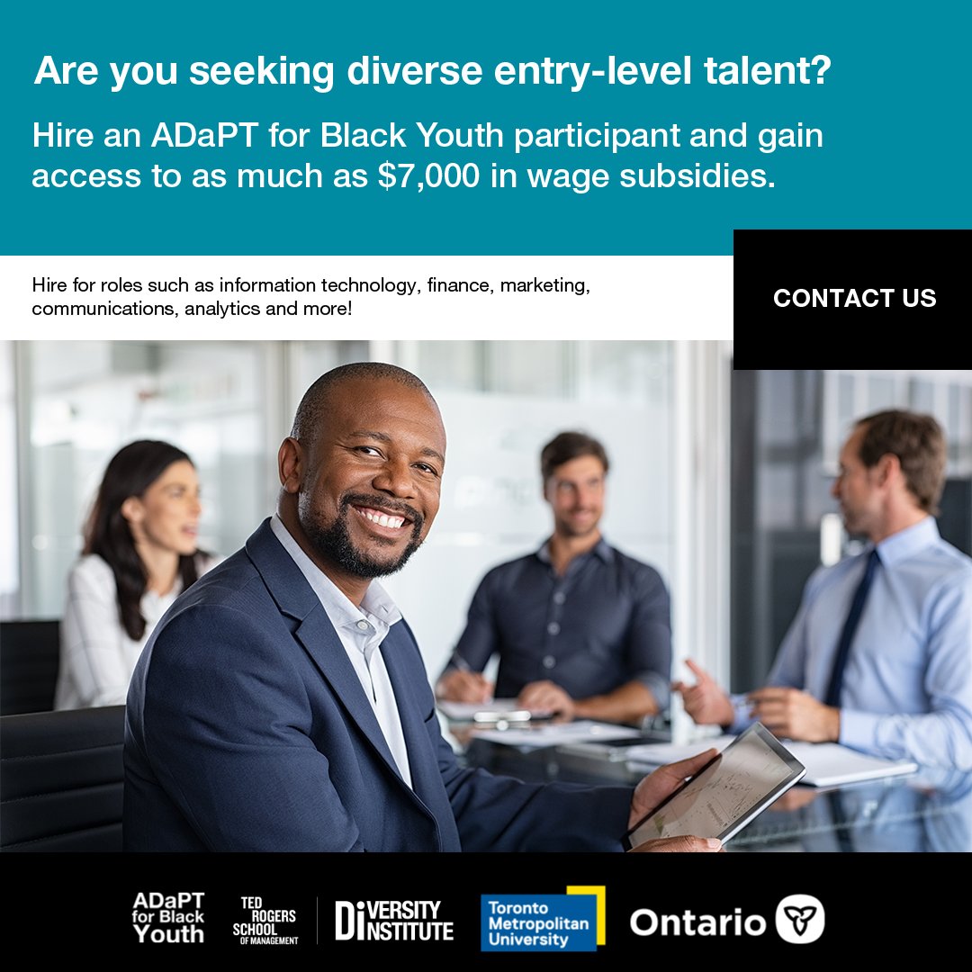 Advanced Digital and Professional Training (ADaPT) (@adapt_tmu) on Twitter photo đź’ˇ What if your next hire in Ontario could transform your workplace?
Through ADaPT for Black Youth, employers gain access to top Black talent trained in digital skills, communication and problem-solving.
Learn more: bit.ly/ABY_employers
<a href="/torontomet/">Toronto Metropolitan University</a> <a href="/torontometdi/">Diversity Institute</a> <a href="/ongov/">Ontario Government</a> đź’ˇ What if your next hire in Ontario could transform your workplace?
Through ADaPT for Black Youth, employers gain access to top Black talent trained in digital skills, communication and problem-solving.
Learn more: bit.ly/ABY_employers
<a href="/torontomet/">Toronto Metropolitan University</a> <a href="/torontometdi/">Diversity Institute</a> <a href="/ongov/">Ontario Government</a>