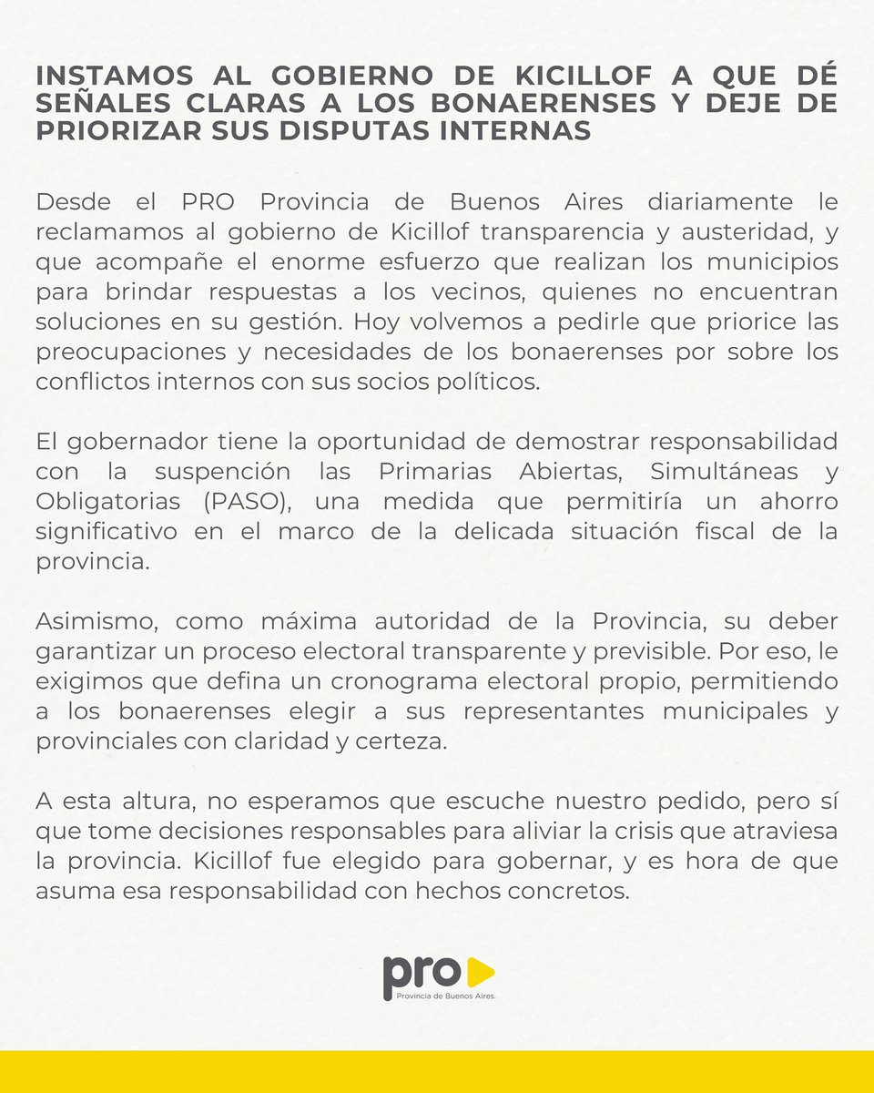 probuenosairesp's tweet image. Instamos al gobierno de Kicillof a que dé señales claras a los bonaerenses y deje de priorizar sus disputas internas