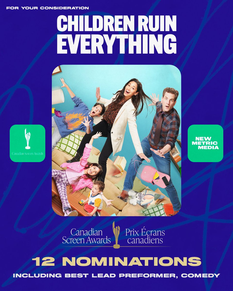 Some incredible news!

The cast and crew of #ChildrenRuinEverything have received 12 nominations at this year's #CdnScreenAwards, including Best Supporting Performer and Best Comedy Series. Congratulations to all the nominees! 🎉