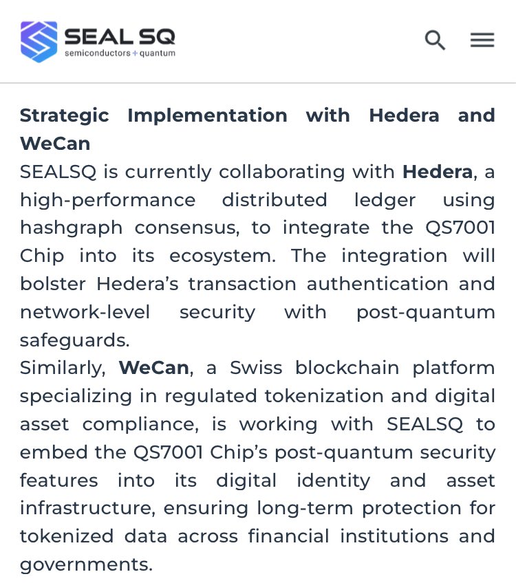 markchadwickx's tweet photo. 🚨 BREAKING - $HBAR Partner SEALSQ Announces: 

“SEALSQ’s QS7001 Secure Chip to Quantum-Proof Blockchain Platforms”

“SEALSQ is currently collaborating with Hedera, a high-performance distributed ledger using hashgraph consensus, to integrate the QS7001 Chip into its ecosystem. The integration will bolster Hedera’s transaction authentication and network-level security with post-quantum safeguards.”

“The QS7001 Chip in now going through certification process while its release is set for Q4 2025”

“The QS7001 Chip strengthens blockchain ecosystems against quantum threats with NIST-compliant post quantum cryptographic algorithms”

👉 SEALSQ and Hedera have been making headlines as SpaceX has launched each multiple WiseSat Quantum Secure Satellite. 

SEALSQ has secured a multi-year agreement to supply its VaultIC 408 secure microcontroller for millions of smart meters in the UK - Powered by Hedera.