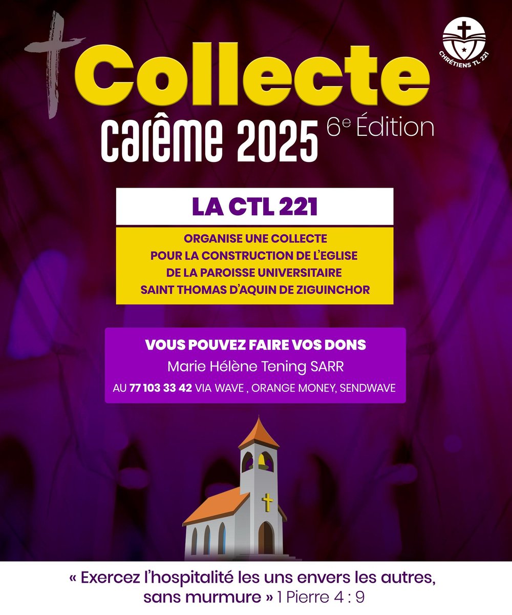 Mba yegone guen ko??
Ehh oui!!! La collecte de 2025 a commencé🎉🎉
Venez nous aider à participer à la construction de la paroisse universitaire Saint Thomas D'Aquin de ziguinchor..
Nous comptons sur votre générosité..
Surprenez moi🥺😍