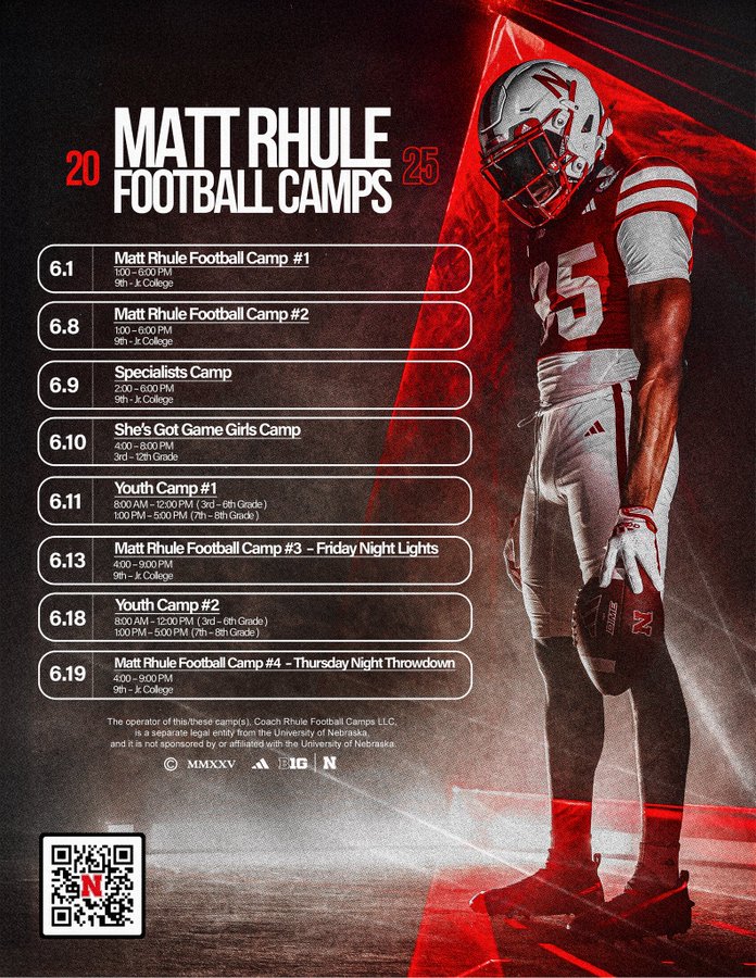 Sign up for Matt Rhule Football Camps this June to train with the Nebraska coaching staff, compete against elite talent, and take your game to the next level!

Register here go.unl.edu/5dvt
#GBR