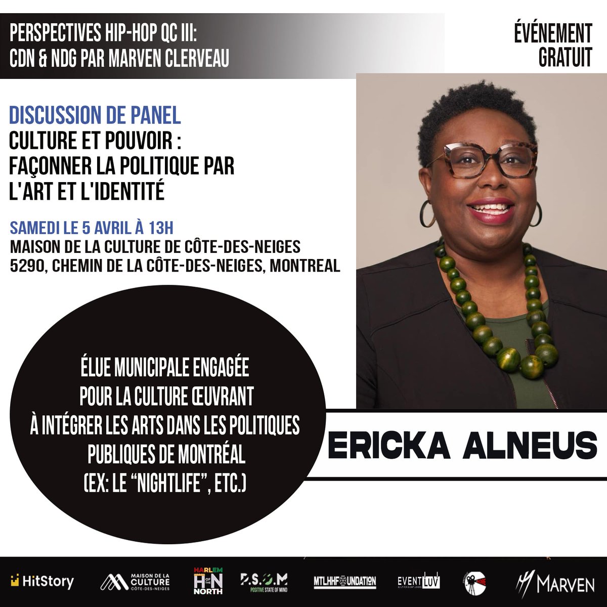 Rencontre avec <a href="/erickalneus/">Ericka Alneus</a>, panéliste sur notre panel de discussion le 5 avril prochain, à la maison de la culture de Côte-des-Neiges. Rafraîchissements et goûter sur place, et c'est gratuit!

Également sur le panel, Stephane Moraille et Modibo Keita. #polmtl