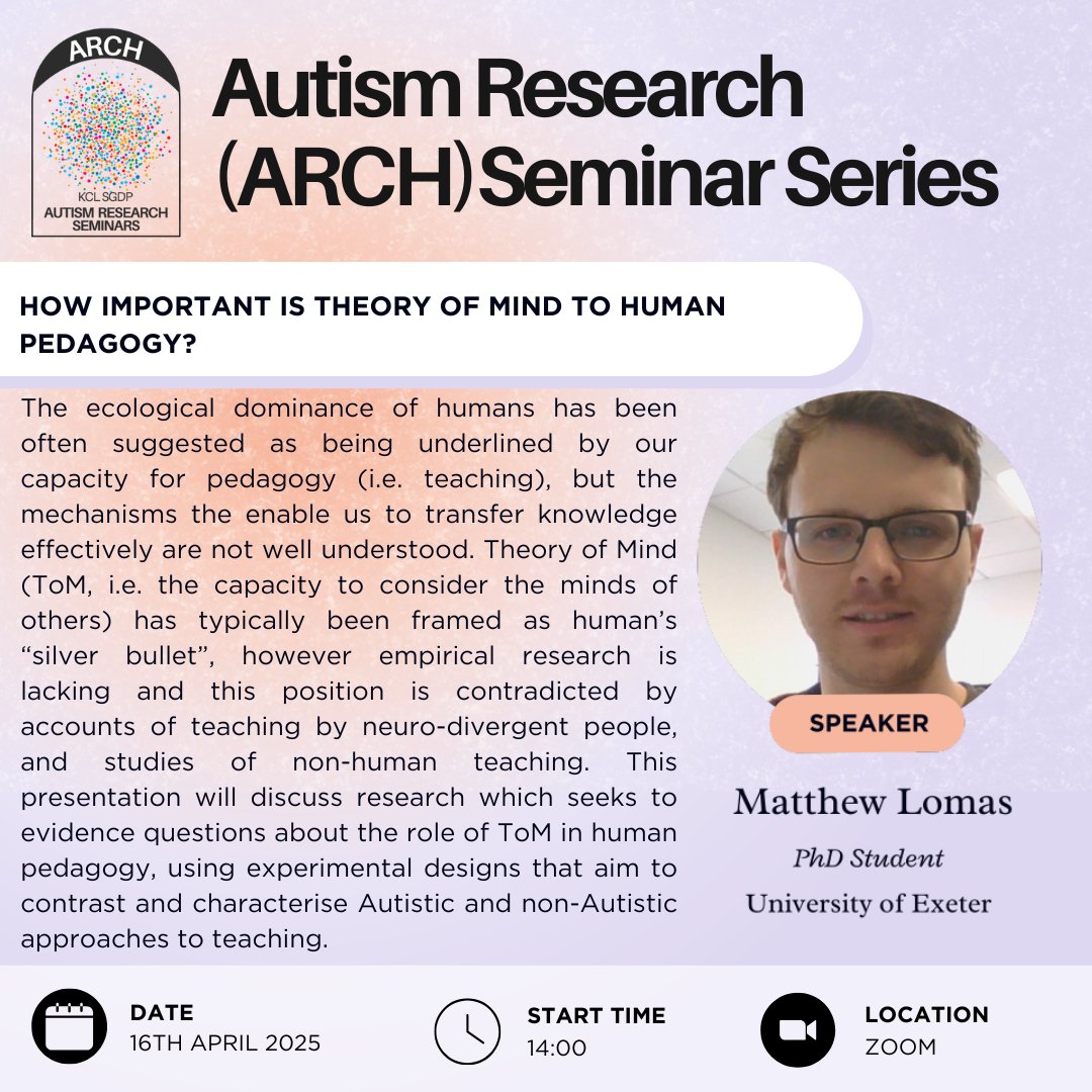 Re:Spect Lab (@respectlabkcl) on Twitter photo 📢April Talk Announcement 📢
Join us on April 16th to see Matthew Lomas discuss his PhD research exploring the usefulness of Theory of Mind in pedagogy.
Tickets can be found here: eventbrite.co.uk/e/arch-seminar…
We hope to see you there! 📢April Talk Announcement 📢
Join us on April 16th to see Matthew Lomas discuss his PhD research exploring the usefulness of Theory of Mind in pedagogy.
Tickets can be found here: eventbrite.co.uk/e/arch-seminar…
We hope to see you there!