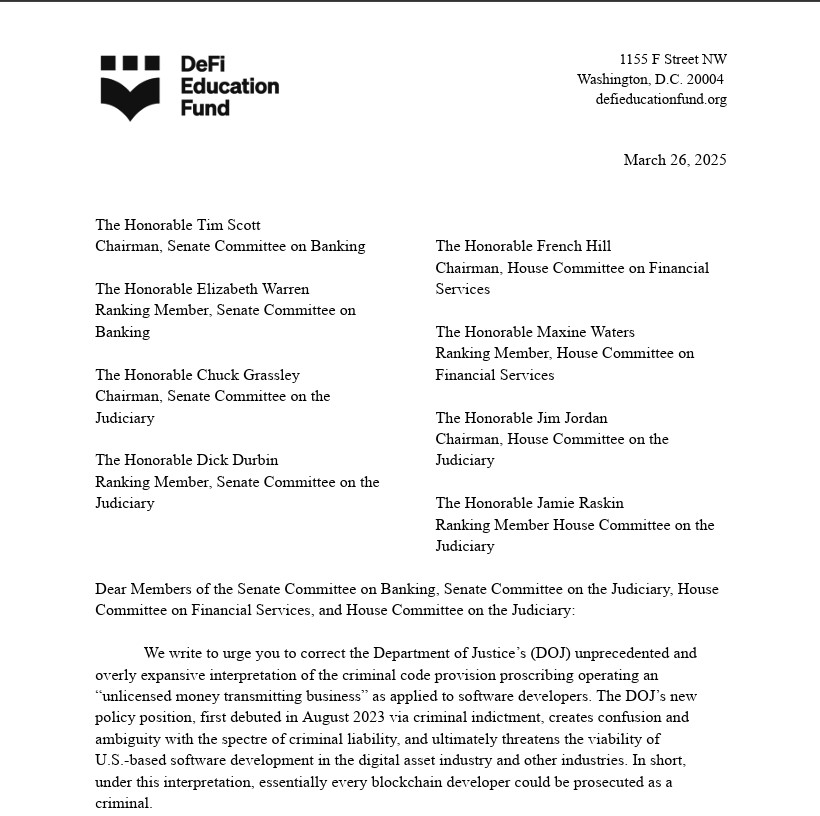 🚨NEW: Today, the DeFi Education Fund is proud to publish a coalition letter of industry leaders &amp; advocates calling on Congress to correct, what in our collective view, is the DOJ’s dangerous misinterpretation of money transmission laws.

A thread 🧵⤵️

defieducationfund.org/_files/ugd/84b…