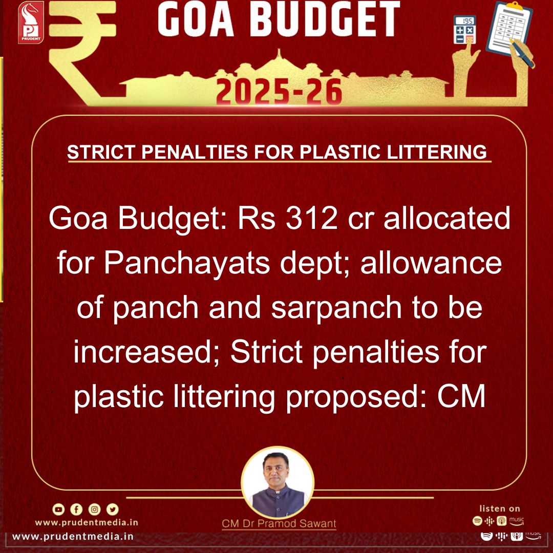 prudentgoa's tweet photo. Goa Budget: Rs 312 cr allocated for Panchayats dept; allowance of panch and sarpanch to be increased; Strict penalties for plastic littering proposed:CM 
#GoaBudget2025 #GoaAssemblyLive #GoaPolitics #GoaBudgetSession #GoaDevelopment #LiveFromGoaAssembly #Budget2025Goa #GoaEconomy https://t.co/sISeQo4DdT