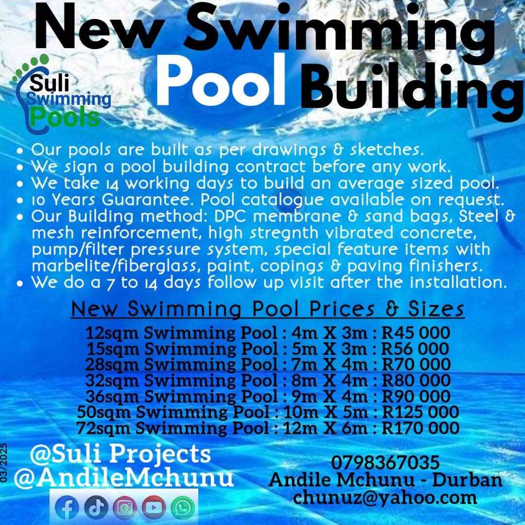 SuliProjects's tweet photo. Swimming pools:

We repair, maintain &amp; build new swimming pools.
We are based in Durban.

Kindly contact 0798367035 Andile Mchunu @AndileMchunu01

#Google #SuliProjects 
#swimmingpool #poolrepair #poolrenovation #poolpainting #poolcleaning #kzn #durban #SuliSwimmingPools https://t.co/Cz3akStbCF