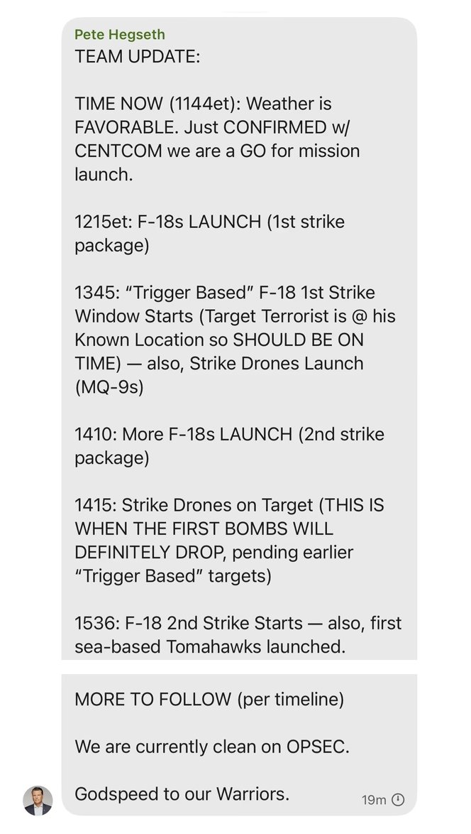Facts: This war plan was messaged two hours before the scheduled start of the bombing. If this had fallen into the wrong hands in that crucial two-hour period, the consequences for American pilots could have been catastrophic.

theatlantic.com/politics/archi…