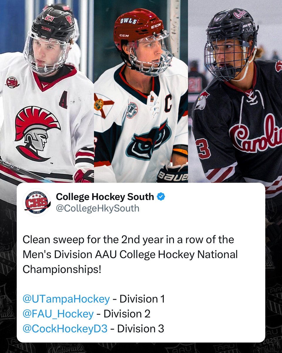 CollegeHkySouth's tweet photo. 🏆 𝐂𝐨𝐧𝐟𝐞𝐫𝐞𝐧𝐜𝐞 𝐨𝐟 𝐂𝐡𝐚𝐦𝐩𝐢𝐨𝐧𝐬 🏆

For the second consecutive year, all three Men’s AAU College Hockey National Champions hail from College Hockey South. Read more here: https://t.co/9IqQyM9BmF https://t.co/i75IReFCuT