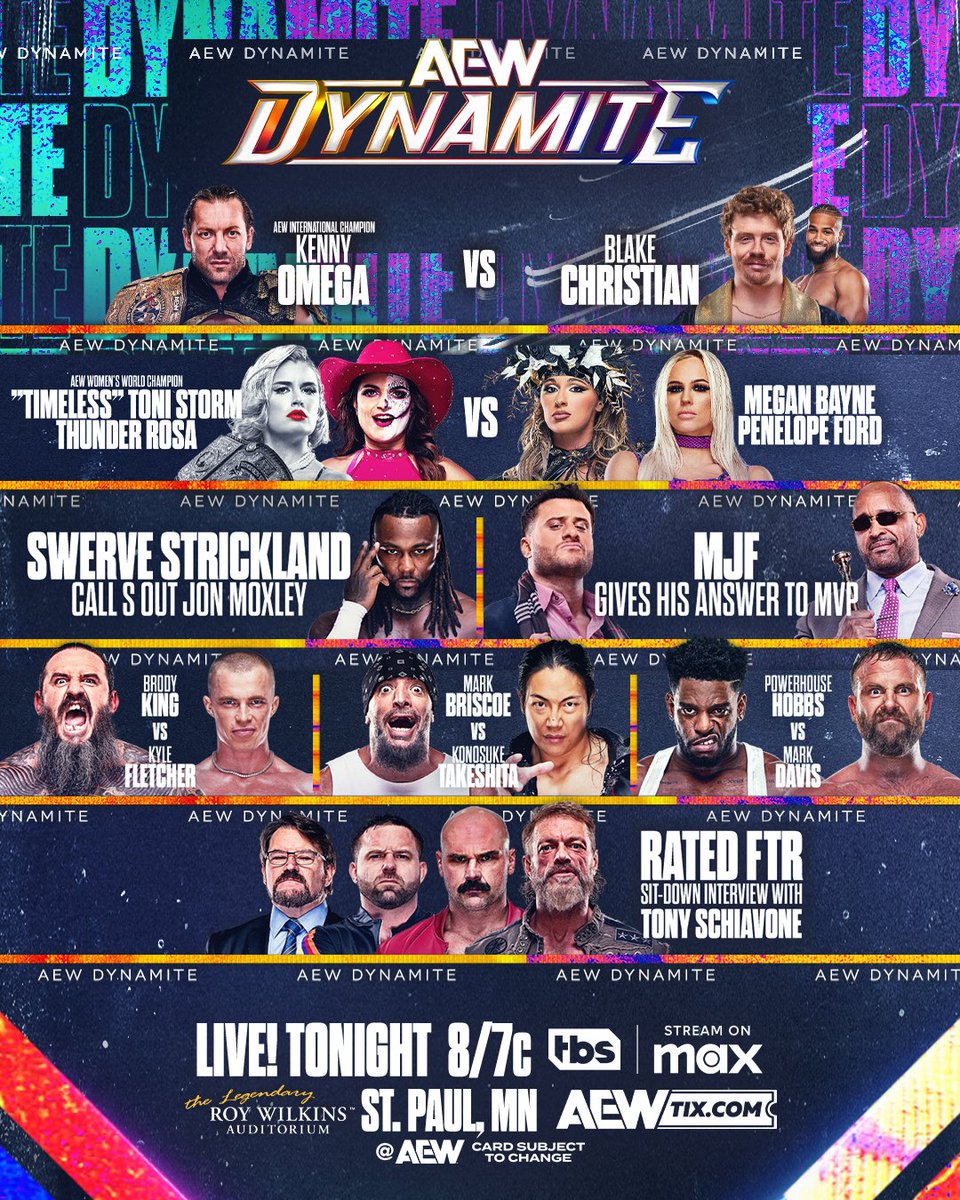 All Elite Wrestling (@aew) on Twitter photo TONIGHT!
#AEWDynamite is LIVE with a massive card that you don’t want to miss at 8pm ET/7pm CT on <a href="/TBSNetwork/">TBS Network</a> & @SportsOnMax! TONIGHT!
#AEWDynamite is LIVE with a massive card that you don’t want to miss at 8pm ET/7pm CT on <a href="/TBSNetwork/">TBS Network</a> & @SportsOnMax!